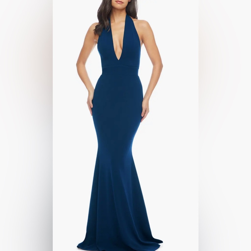 Dress the Population Camden Mermaid Hem Gown neck halter ties navy blue size S
